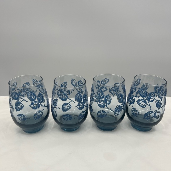 Libbey Juice Eventide Glasses Painted Blue leaves Set of 4 Vintage - Picture 1 of 9
